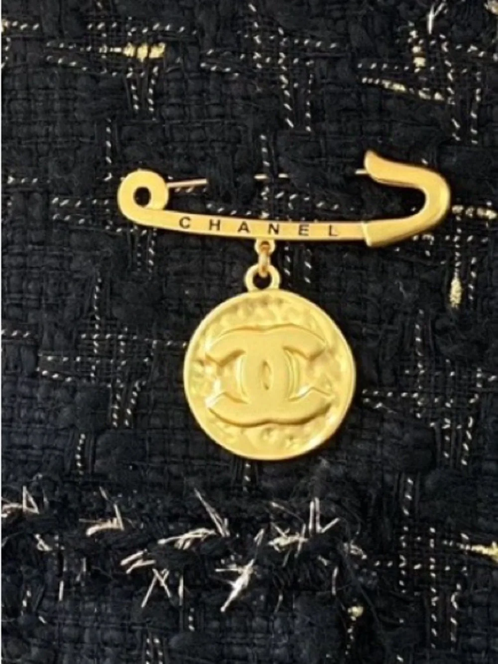 Double C Gold Tone Medallion Coin Safety Pin Dangle Drop Brooch